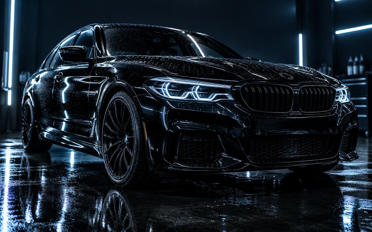 Freshly detailed black car with water beading under studio lights